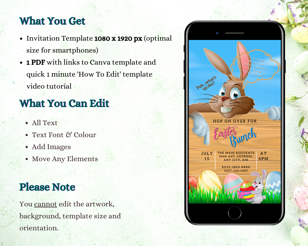 Brown Easter Bunny | Easter Brunch Barbeque Evite displayed on a smartphone screen, featuring a cartoon bunny with eggs. Customizable digital invitation template for events.