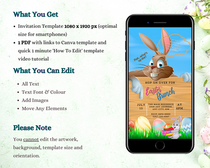 Brown Easter Bunny | Easter Brunch Barbeque Evite displayed on a smartphone screen, featuring a cartoon bunny with eggs. Customizable digital invitation template for events.