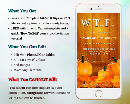 Cell phone displaying a customizable Yellow Wood Pumpkin Leaves Thanksgiving Evite template on the screen.
