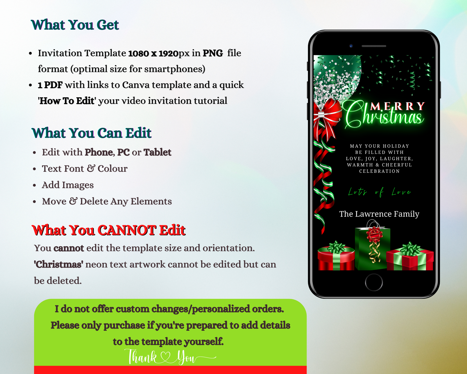 Smartphone displaying a customizable digital Christmas ecard with green neon presents and red-green balloons, designed for easy personalization and electronic sharing.