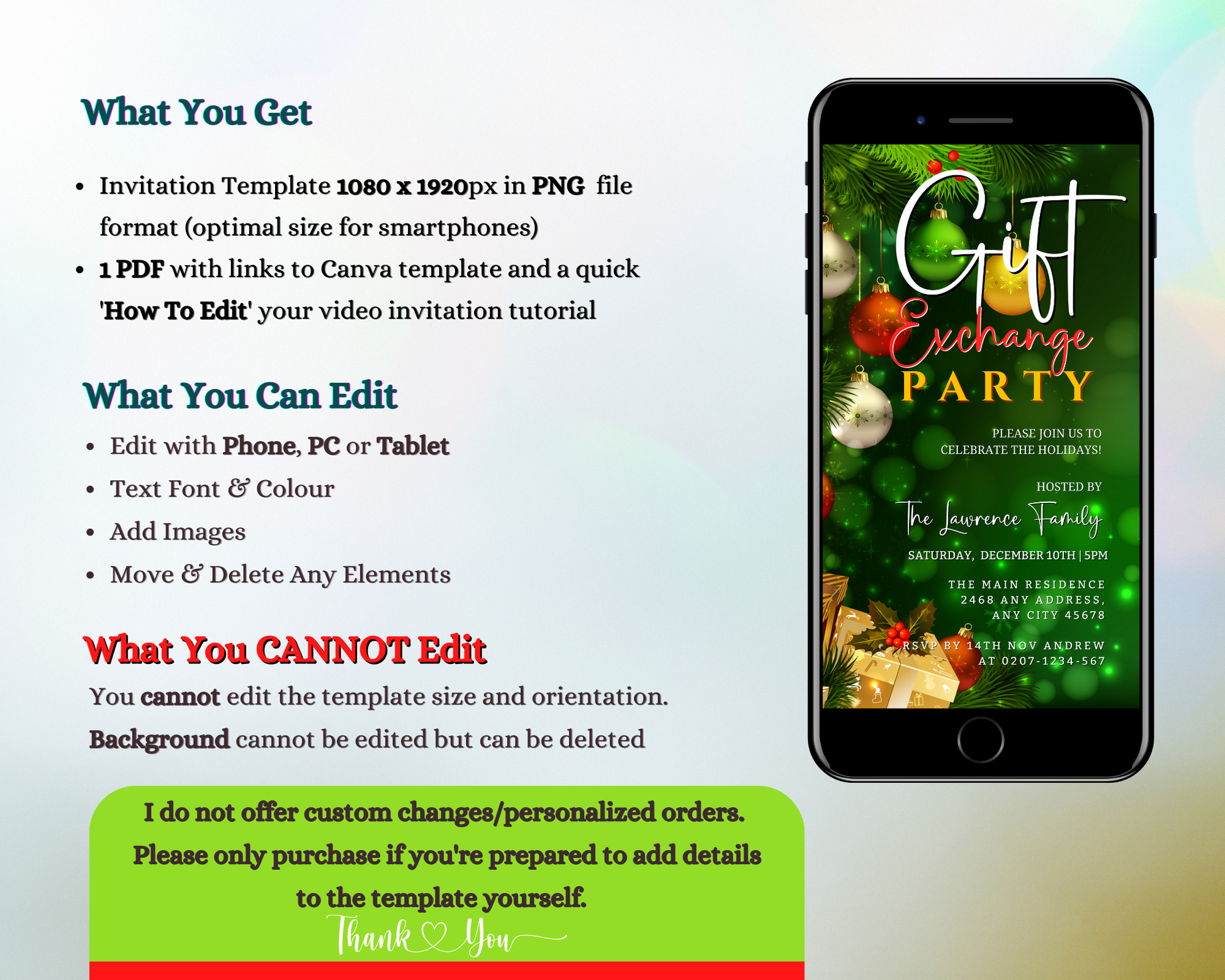 Green Yellow Red Presents | Gift Exchange Party Evite displayed on a smartphone screen, showcasing customizable text and event details for digital invitations.