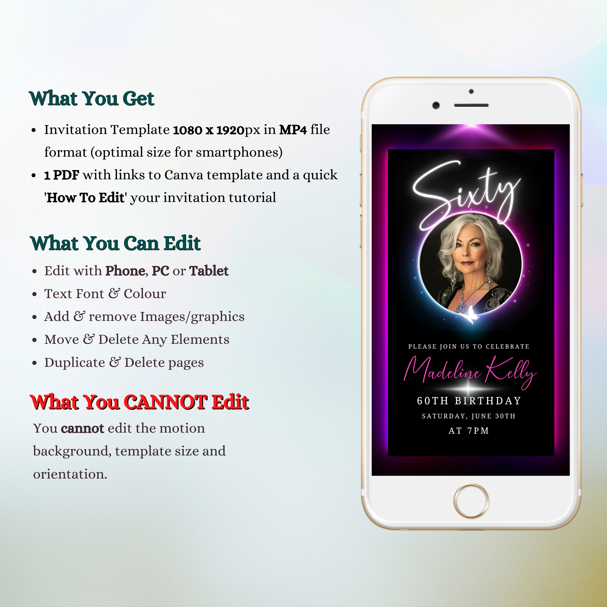 Smartphone displaying the 60th Birthday Video Invitation with a woman's photo in a pink and purple oval frame, highlighting its elegant, customizable design.