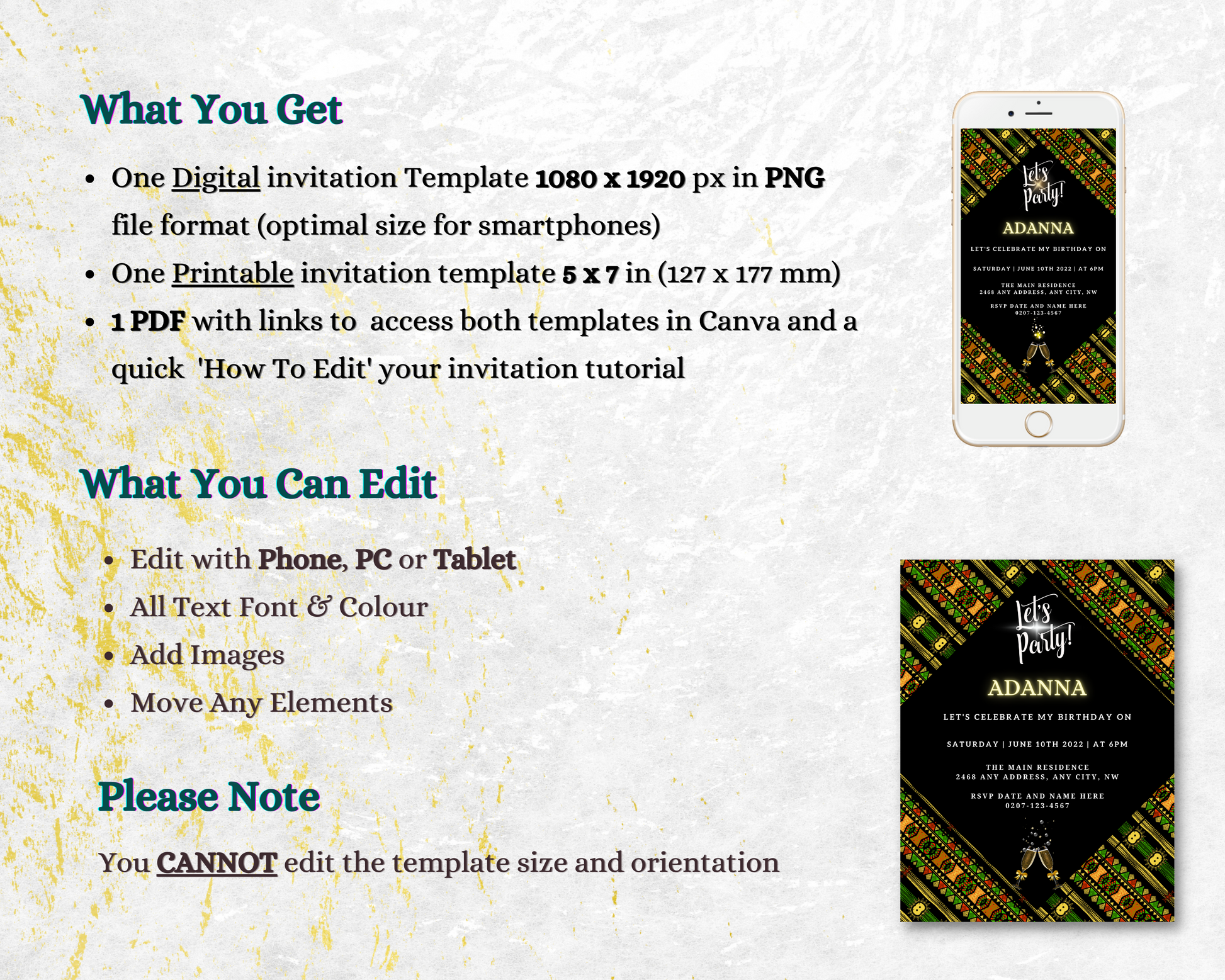 Phone displaying Green Black African Ankara Editable Party Evite template, with a customizable invitation on the screen using Canva.