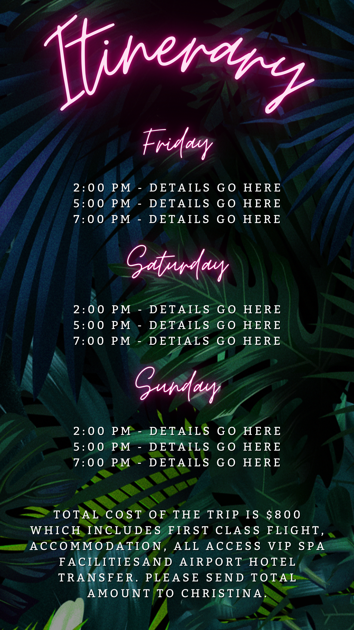 Tropical Destination Neon Pink Who's Turning Forty Weekend Evite template with customizable text and green leaf accents, designed for easy editing and sharing via Canva.