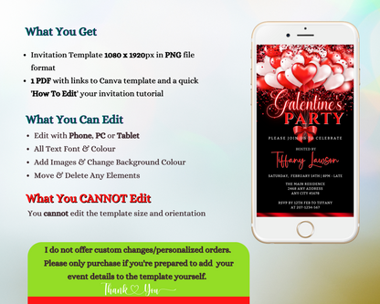 Smartphone displaying a customizable digital invitation with red and white balloons, ideal for Galentine's Party. Editable via Canva for easy personalization and electronic sharing.