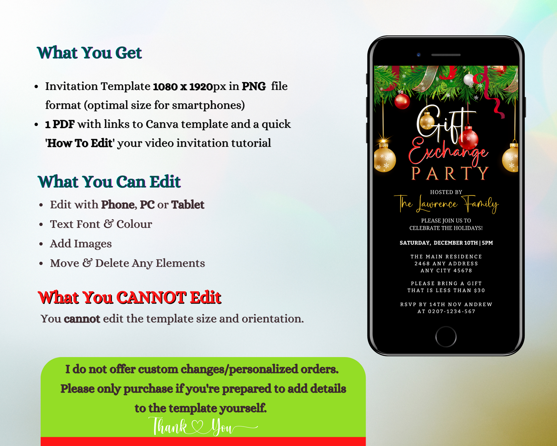 Green Red Gold Ornaments Gift Exchange | Christmas Party Evite on a smartphone screen, customizable via Canva for easy digital invitations.