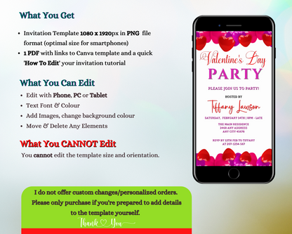 Cellphone displaying Pink Red Hearts Valentine's Party Evite, editable via Canva for personalized digital invitations sent through text, email, or messenger apps.