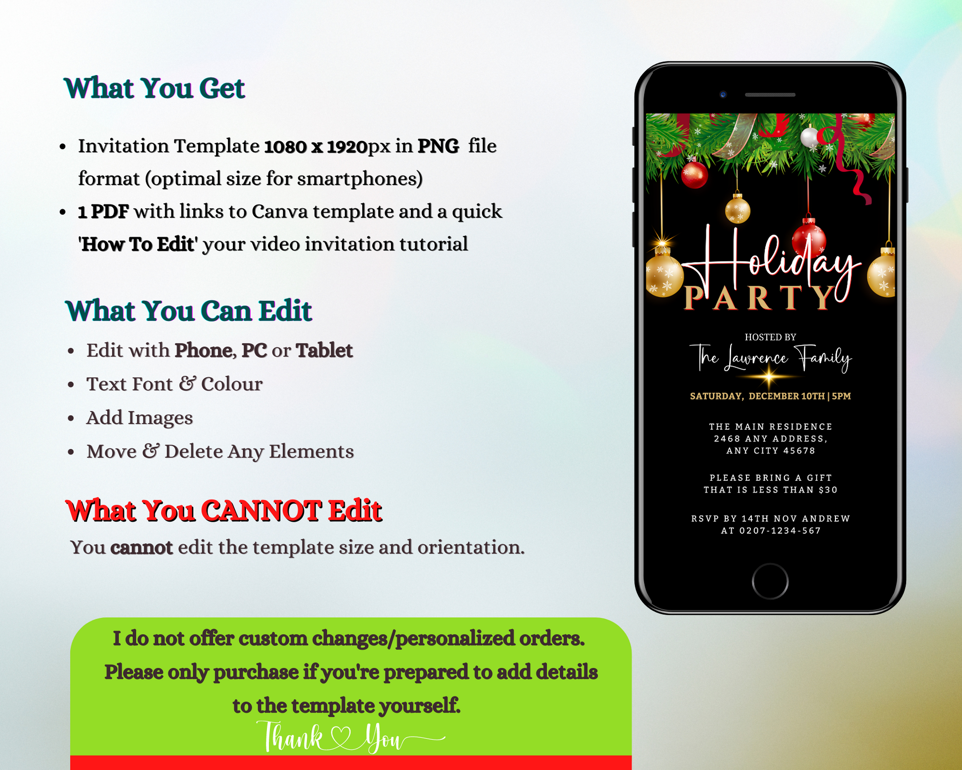 Gold Red Green Ornaments | Holiday Party Evite displayed on a smartphone screen, featuring editable text and festive designs, meant for digital customization and sharing.