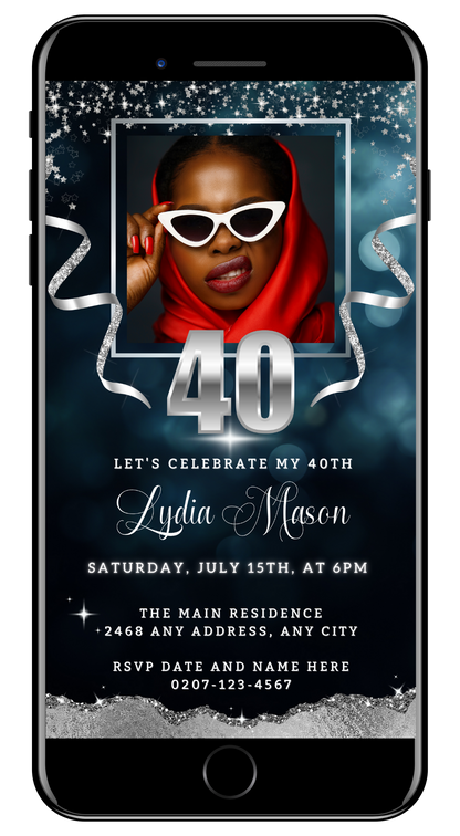 Woman in sunglasses and red scarf displayed on a smartphone showcasing the Navy Silver Glitter 40th Birthday Evite template from URCordiallyInvited.