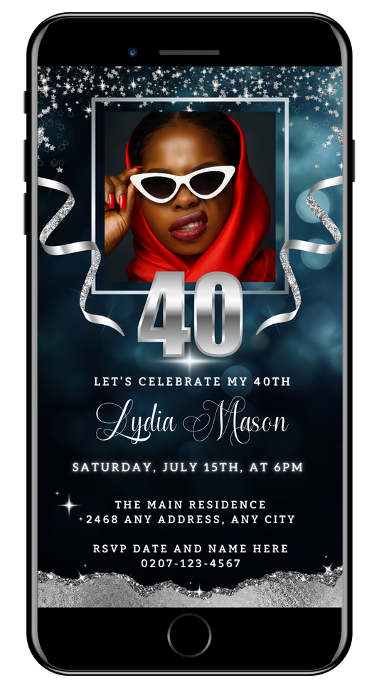 Woman in sunglasses and red scarf displayed on a smartphone showcasing the Navy Silver Glitter 40th Birthday Evite template from URCordiallyInvited.