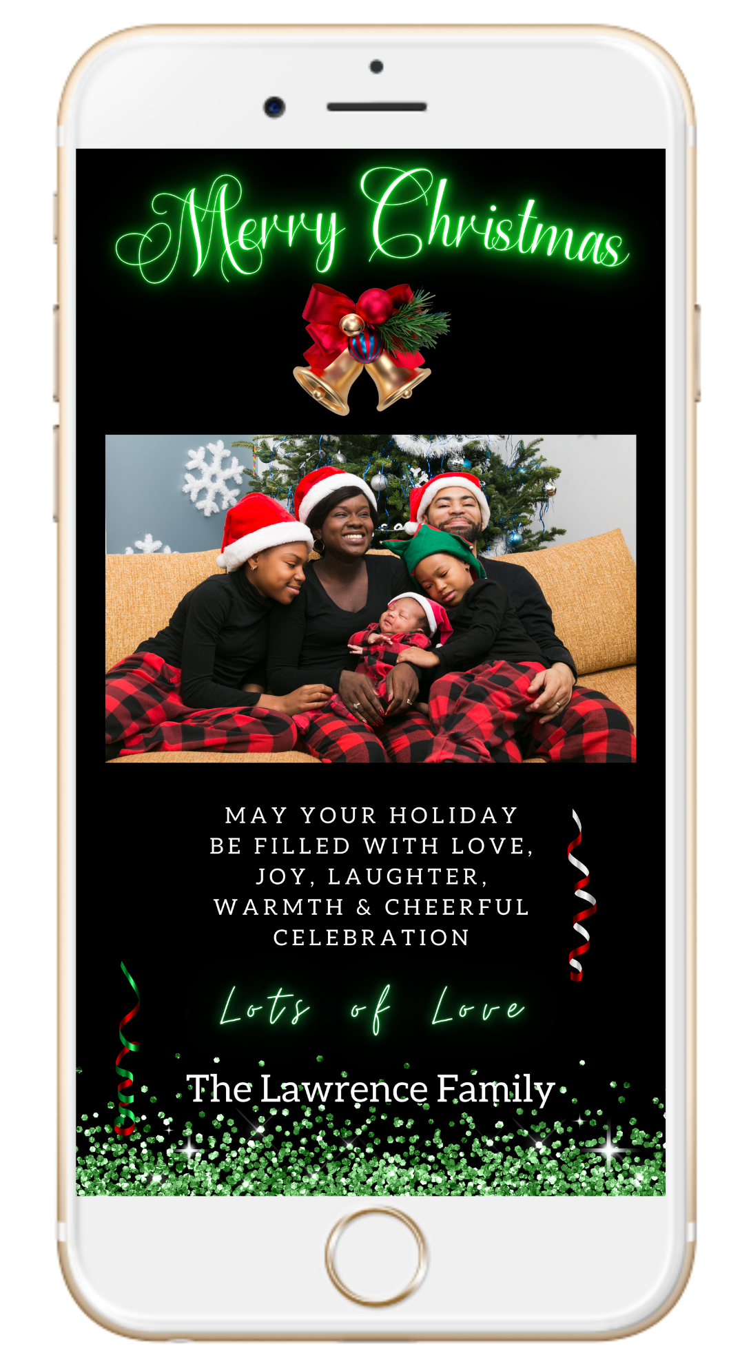 Smartphone displaying a customizable Merry Christmas ecard with a family photo, available for editing via Canva. Perfect for digital holiday greetings.