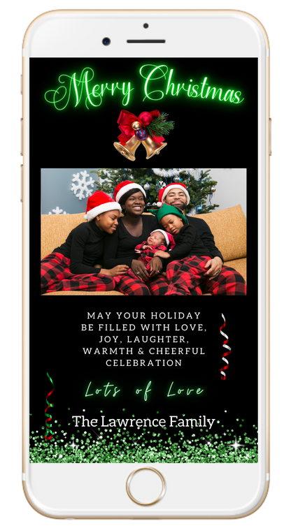 Smartphone displaying a customizable Merry Christmas ecard with a family photo, available for editing via Canva. Perfect for digital holiday greetings.