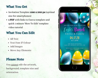 Cell phone displaying a customizable Colourful Teal Easter Eggs | Easter Brunch Party Evite template with editable text and images for digital invitations.