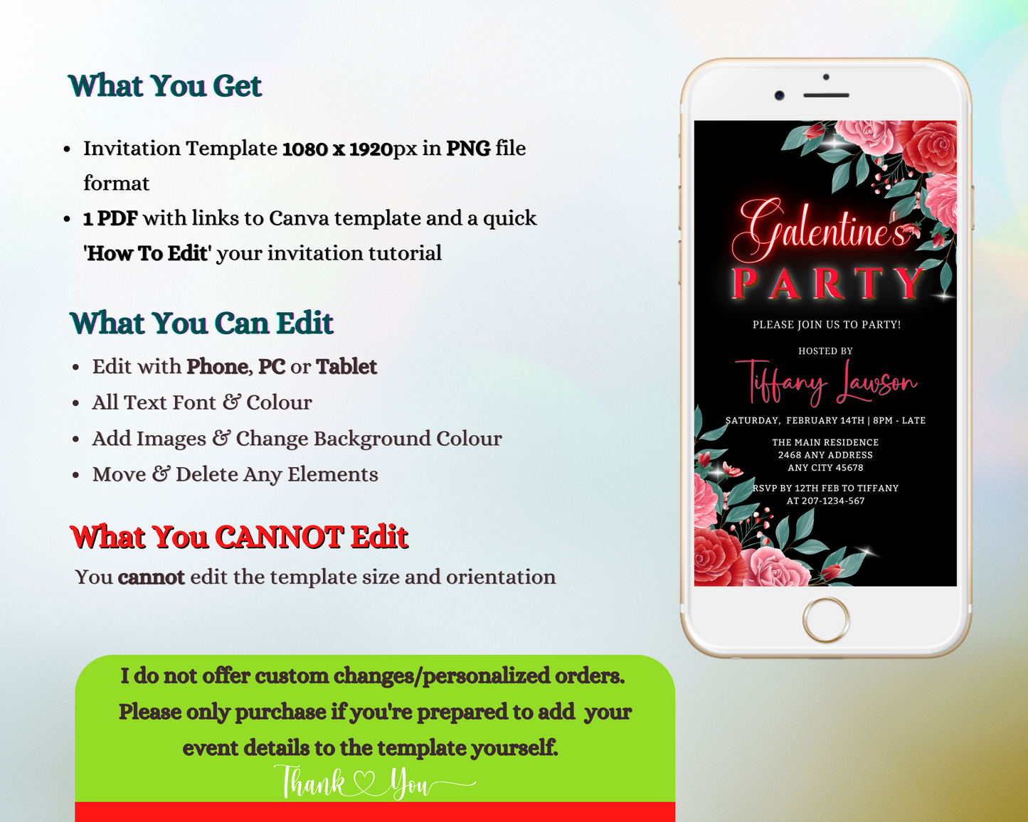 Red Teal Floral Rose Galentines Party Evite displayed on a white smartphone with red flowers, showcasing a customizable digital invitation template via Canva.