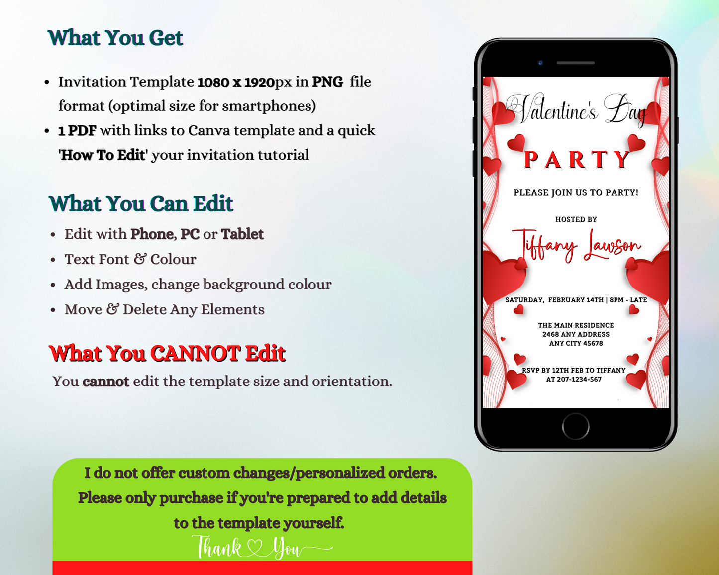 White Red Border Hearts Valentines Party Evite displayed on a smartphone screen with editable text elements for personalized digital invitations via Canva.