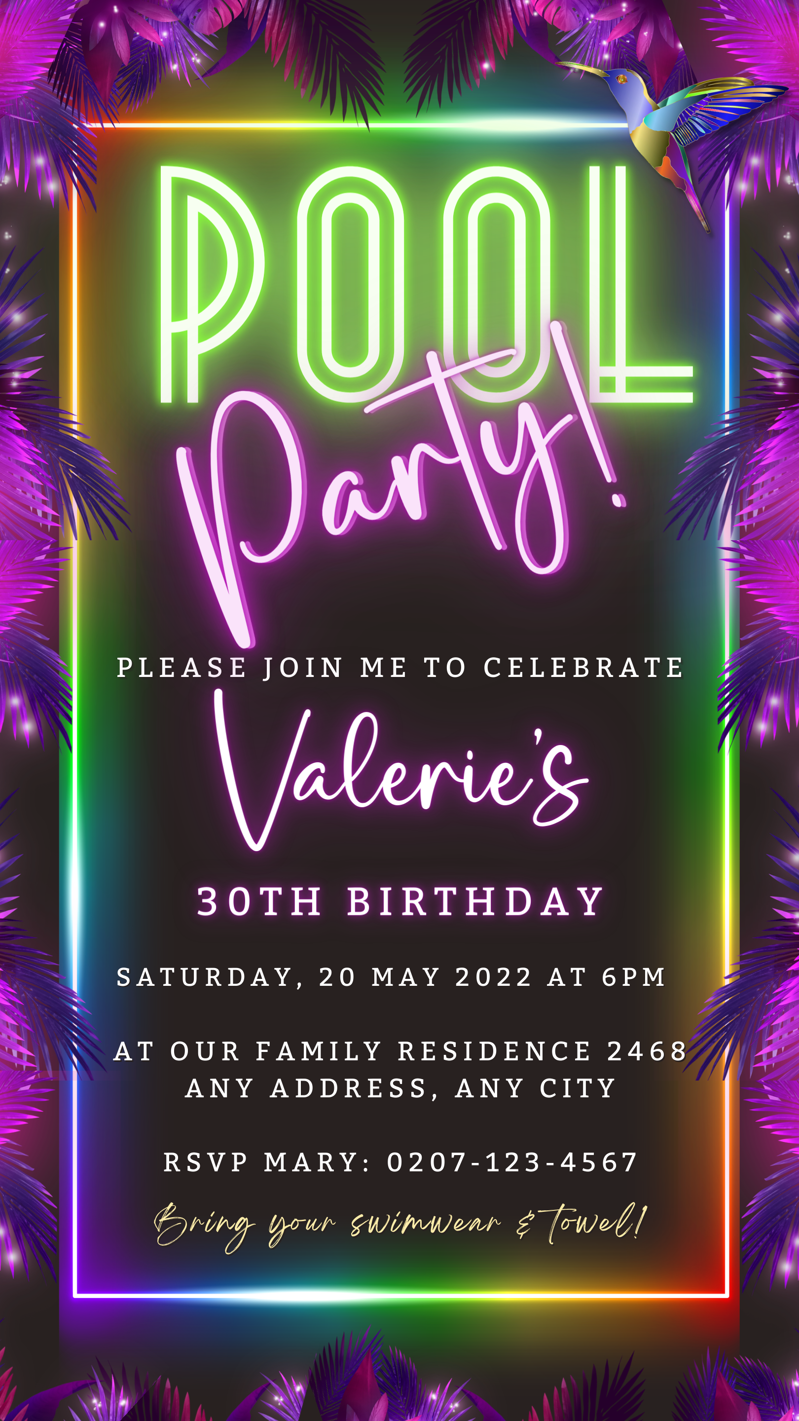 Tropical Neon Pool Party digital invite with customizable neon lights and palm leaves design, editable via Canva for smartphone sharing.