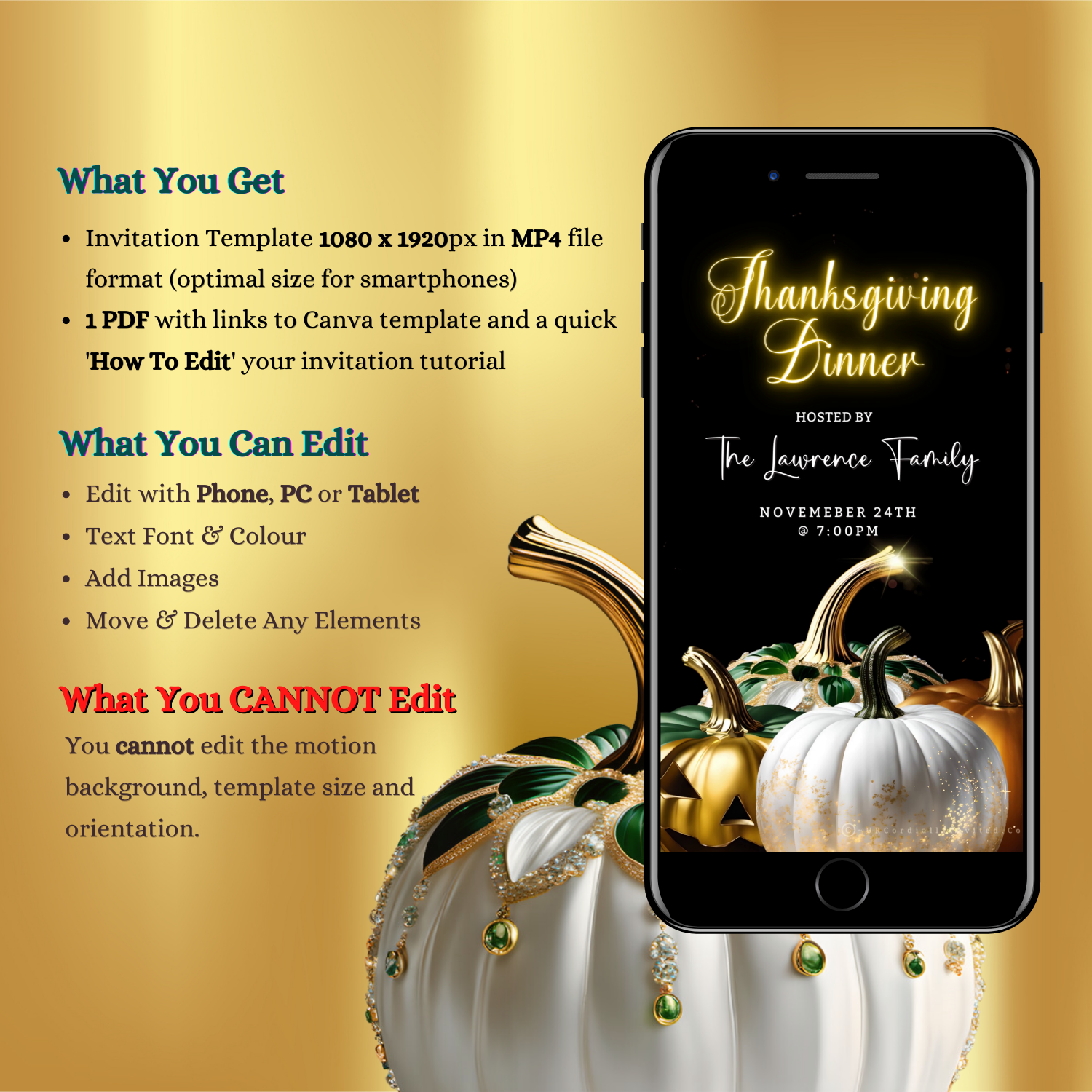 Jewel Glitter Pumpkins Thanksgiving Dinner Video Invite displayed on a cellphone next to a white and gold pumpkin.