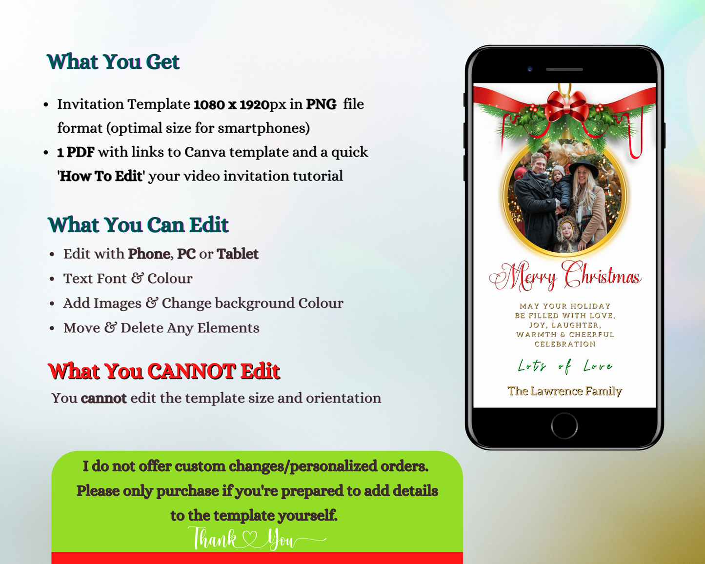 Smartphone displaying a personalized Merry Christmas ecard template with a family photo. Editable digital white oval bold red frame.