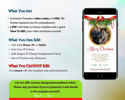 Smartphone displaying a personalized Merry Christmas ecard template with a family photo. Editable digital white oval bold red frame.