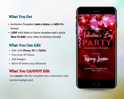 Smartphone displaying an editable digital Valentine's party invite with pink and red silk neon balloon graphics.