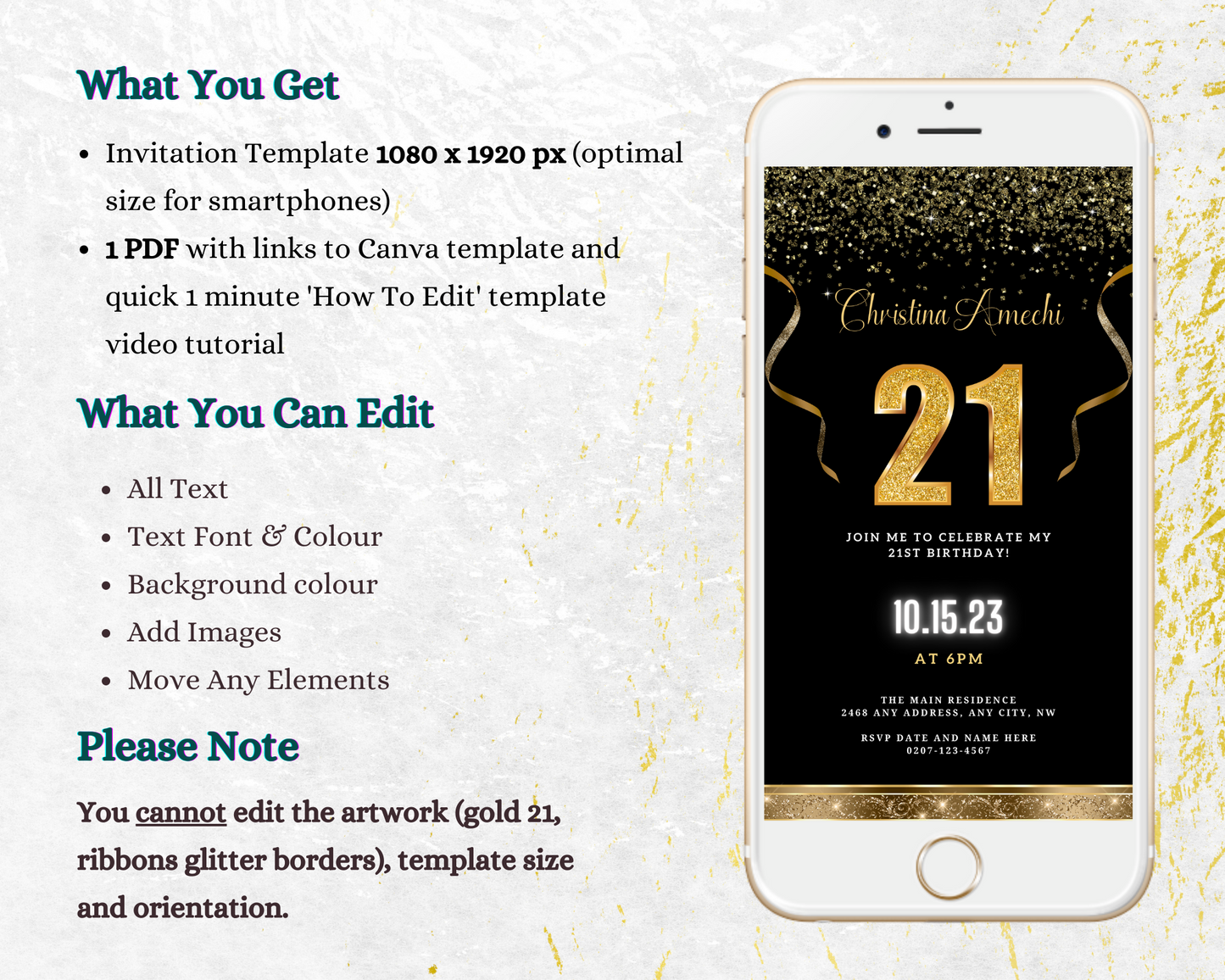 Customizable Black Gold Confetti 21st Birthday Evite displayed on smartphone screen, featuring gold and black design elements.