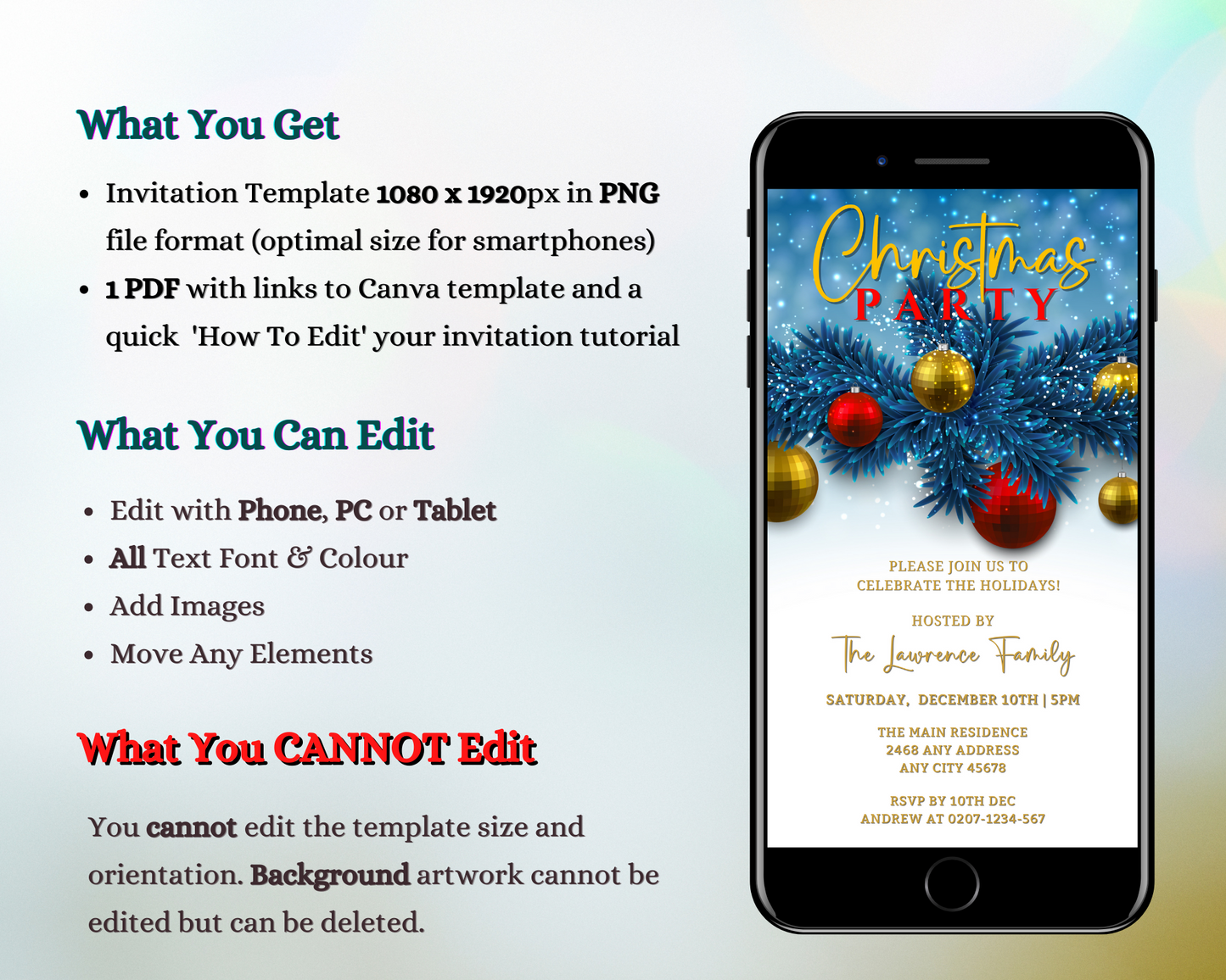 Smartphone displaying an editable digital Christmas party invitation template with blue, gold, and red ornaments, designed for customization and electronic distribution.