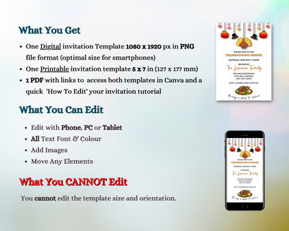 Phone displaying editable Turkey Pumpkin Decor Thanksgiving Dinner Evite, with digital invitation featuring turkey and pumpkins. Editable and shareable via Canva for smartphones.