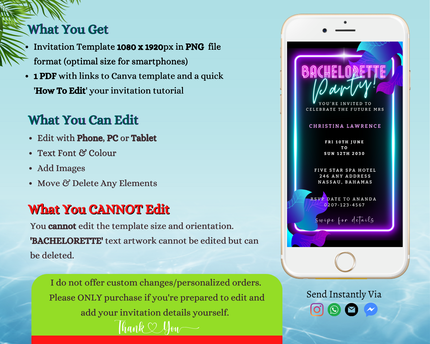 Smartphone displaying customisable digital invitation for a bachelorette getaway party, featuring editable neon pink, aqua, and black text.