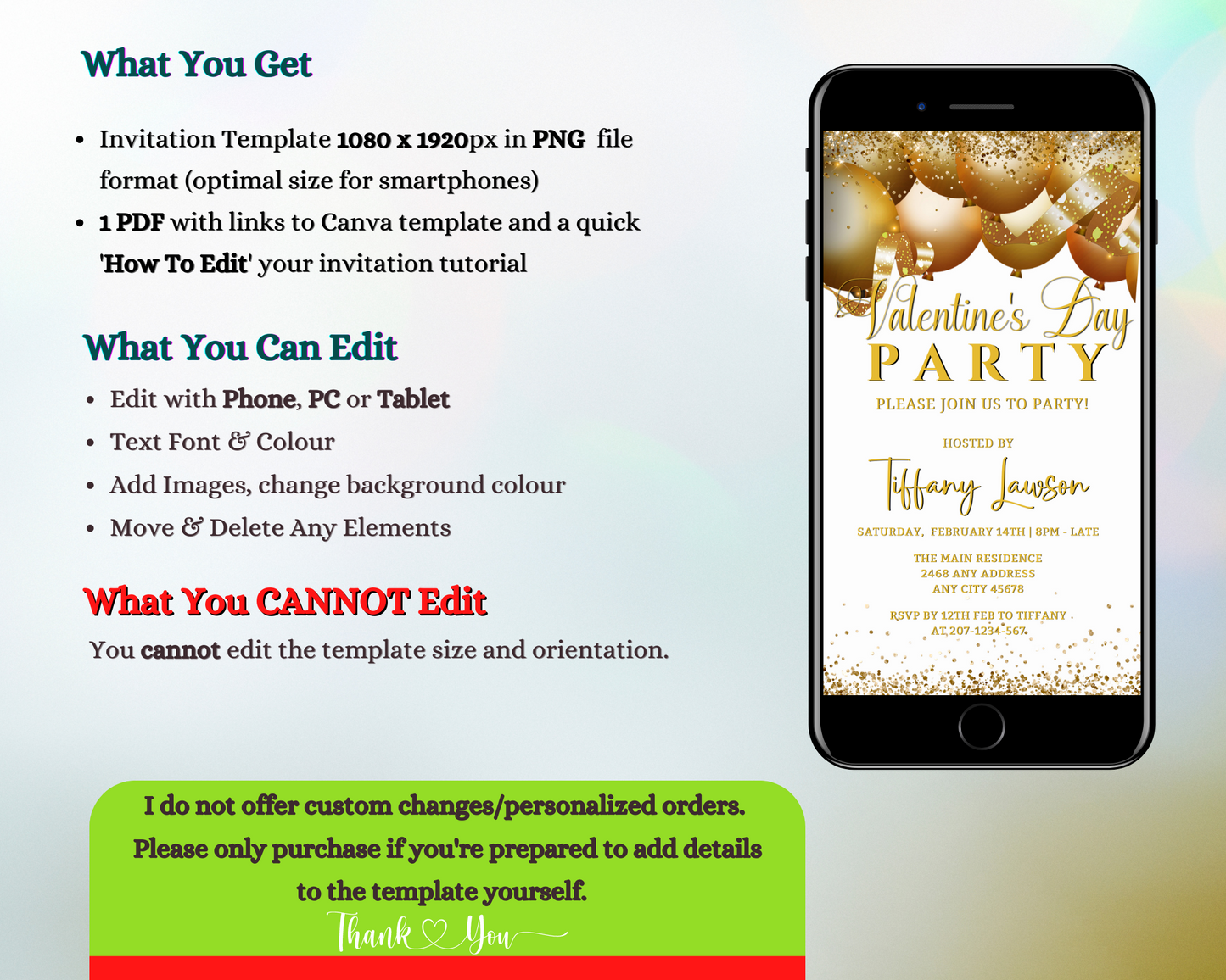 Editable White Gold Glitter Balloons Valentines Party Evite displayed on a smartphone screen, showcasing customizable digital invitation for events via Canva.