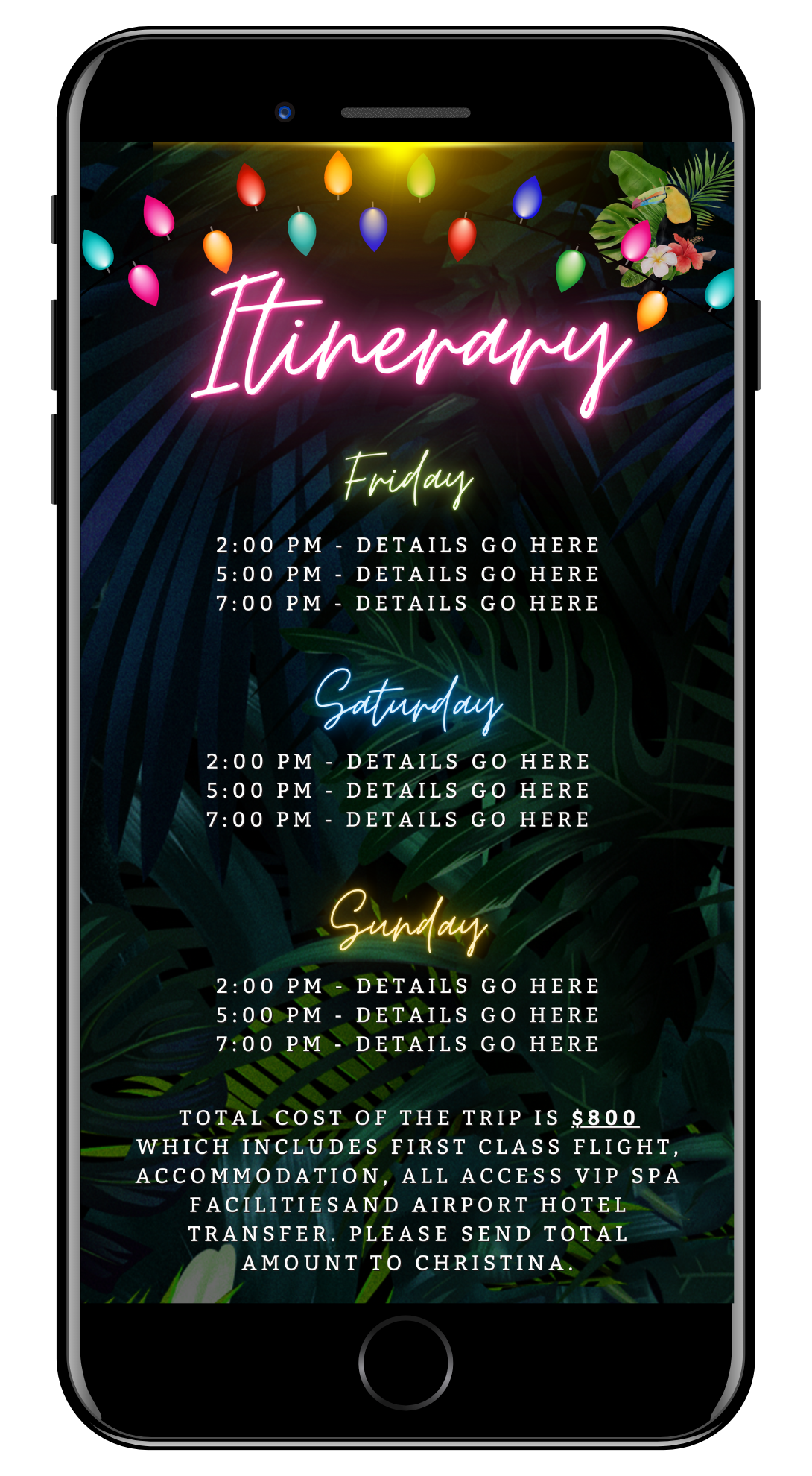 Tropical Destination Neon Pink | Girl's Trip Evite displayed on a smartphone screen, featuring customizable event details and vibrant tropical elements like a toucan and neon signs.