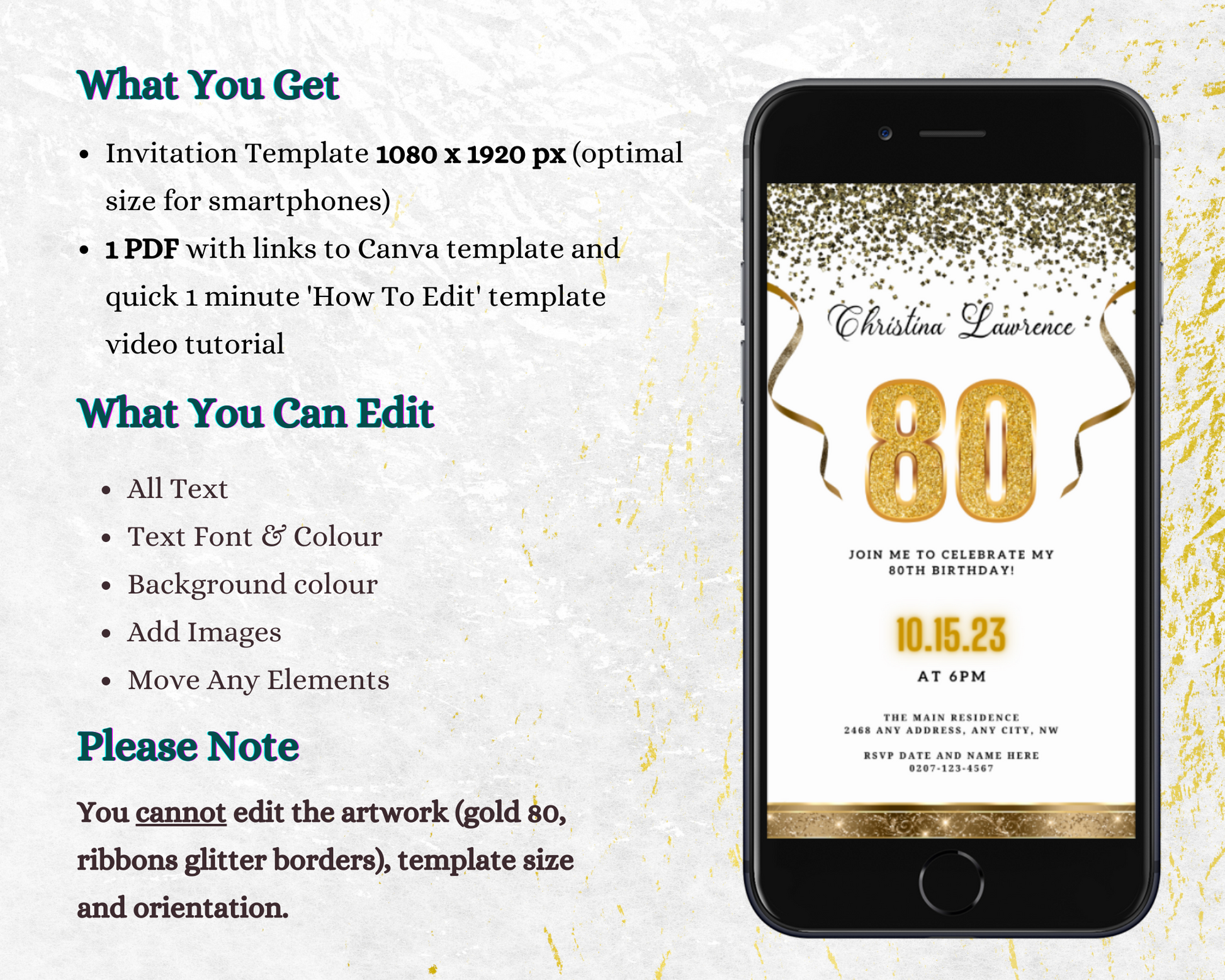 White Gold Confetti 80th Birthday Evite displayed on a smartphone, adorned with gold confetti and ribbons, showcasing customizable digital invitation features.