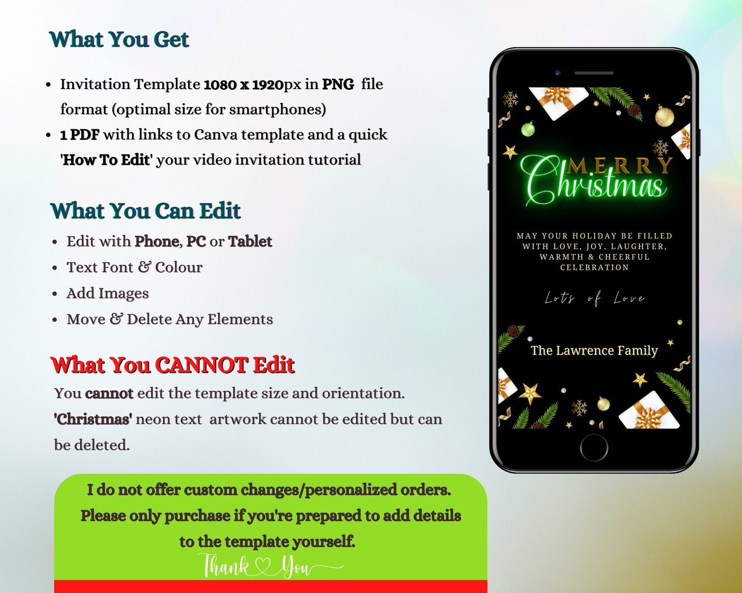 Green Neon Ornaments & Presents Merry Christmas Ecard on a smartphone screen, editable via Canva for personalized digital invitations.