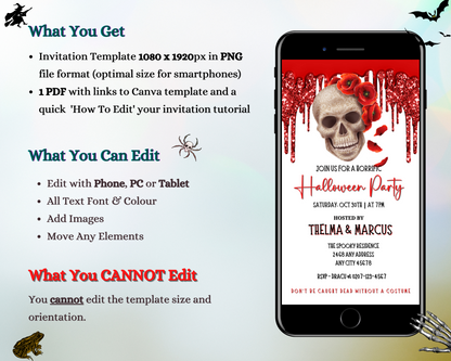 Cell phone displaying Halloween invitation template with a skull and red glitter drippings.
