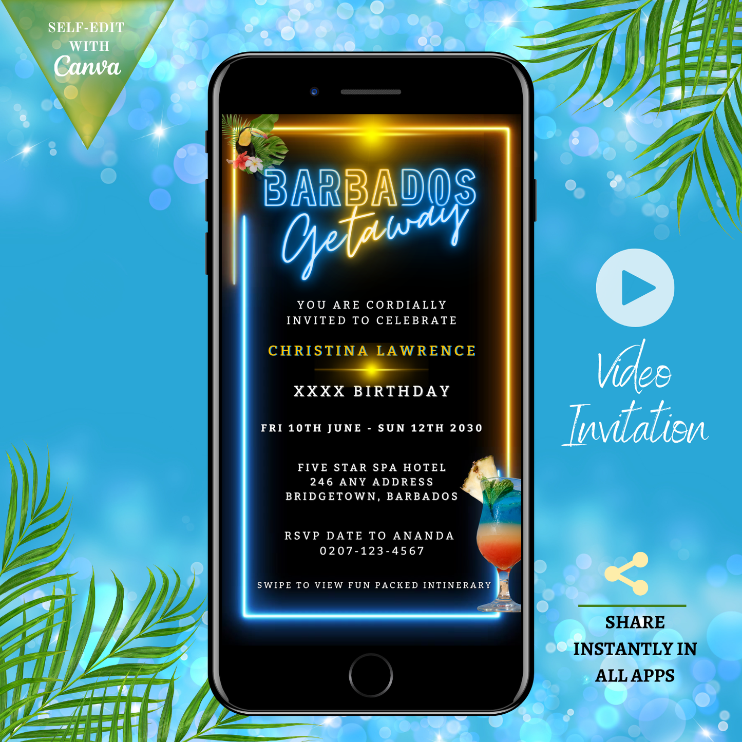 Barbados Getaway Video Invitation on a smartphone screen featuring a neon sign and cocktail, highlighting a tropical-themed digital invite for special occasions.