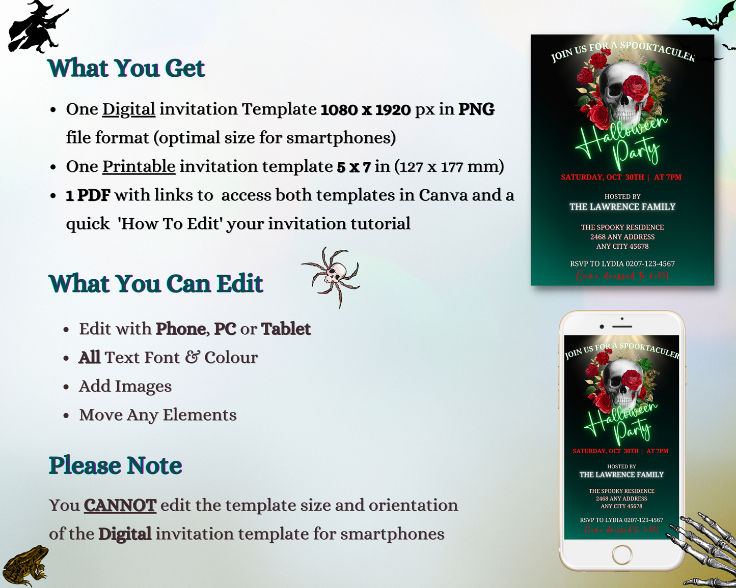 Red Rose Illuminated Skull | Halloween Evite displayed on a phone screen with customizable invitation template using Canva for digital sharing.