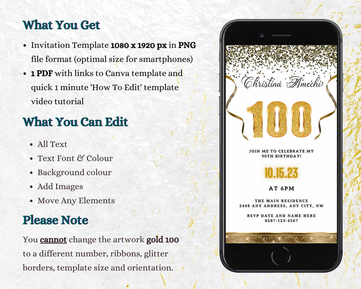 Customizable digital invite for a 100th birthday featuring white and gold confetti on a mobile phone screen. Editable via Canva for easy personalization.