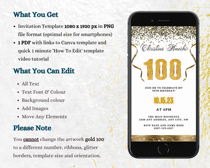 Customizable digital invite for a 100th birthday featuring white and gold confetti on a mobile phone screen. Editable via Canva for easy personalization.