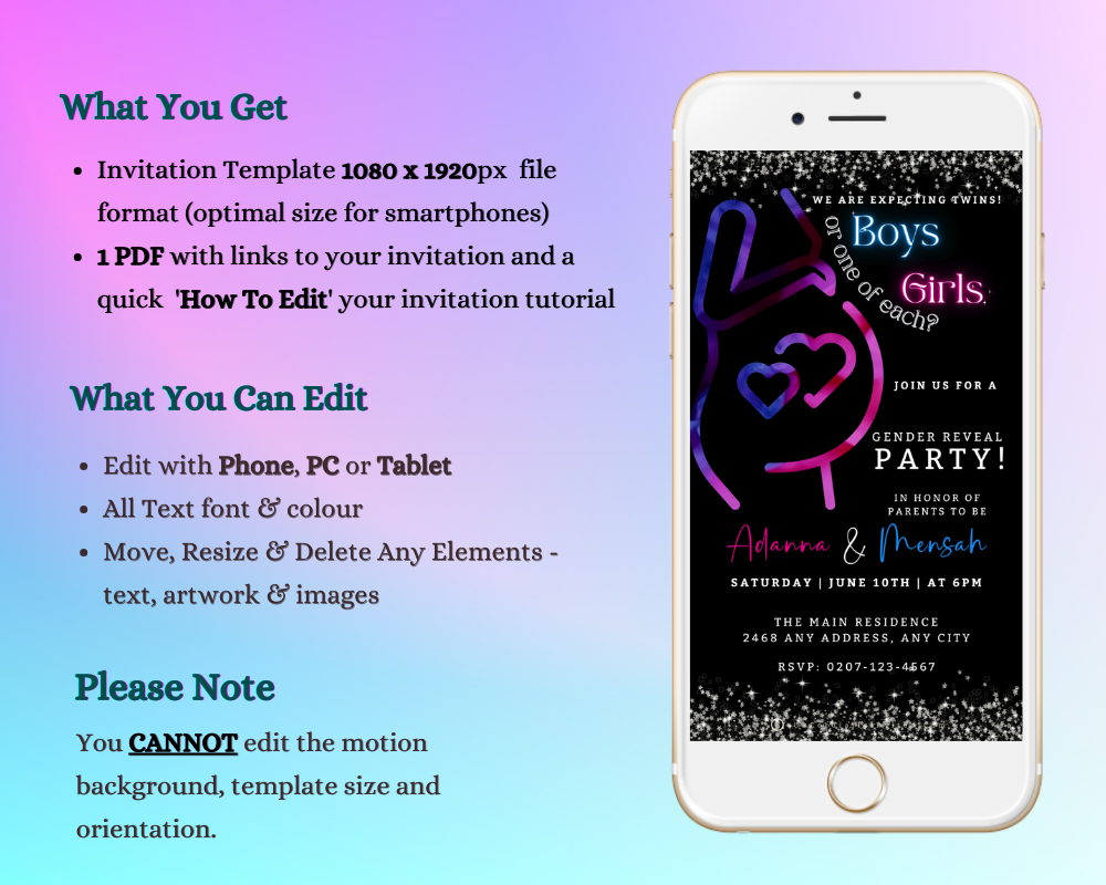 Customizable Twins Glowing Pregnant Mom | Digital Gender Reveal Invite displayed on a white smartphone screen, showcasing editable event details for instant download and personalization via Canva.