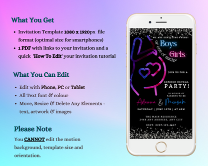 Customizable Twins Glowing Pregnant Mom | Digital Gender Reveal Invite displayed on a white smartphone screen, showcasing editable event details for instant download and personalization via Canva.