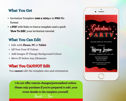 Digital invitation template on a smartphone screen featuring a Diamond Red Hearts Border, customizable for Galentines Party using Canva.