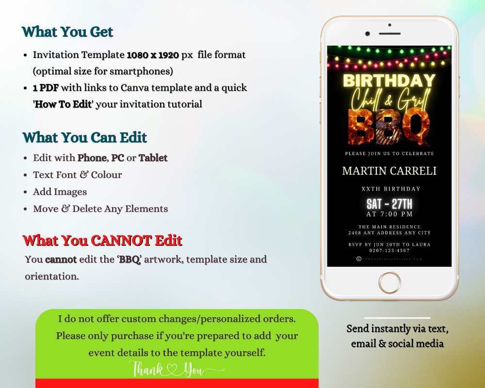 Smartphone displaying BBQ Flaming Grill Birthday Digital Video Party Invite, customizable via Canva for sending electronically through various messaging apps.