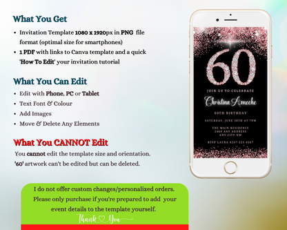 Customizable 60th Birthday Evite on a smartphone screen with rose gold diamond glitter design, editable text, and DIY options via Canva for digital sharing.