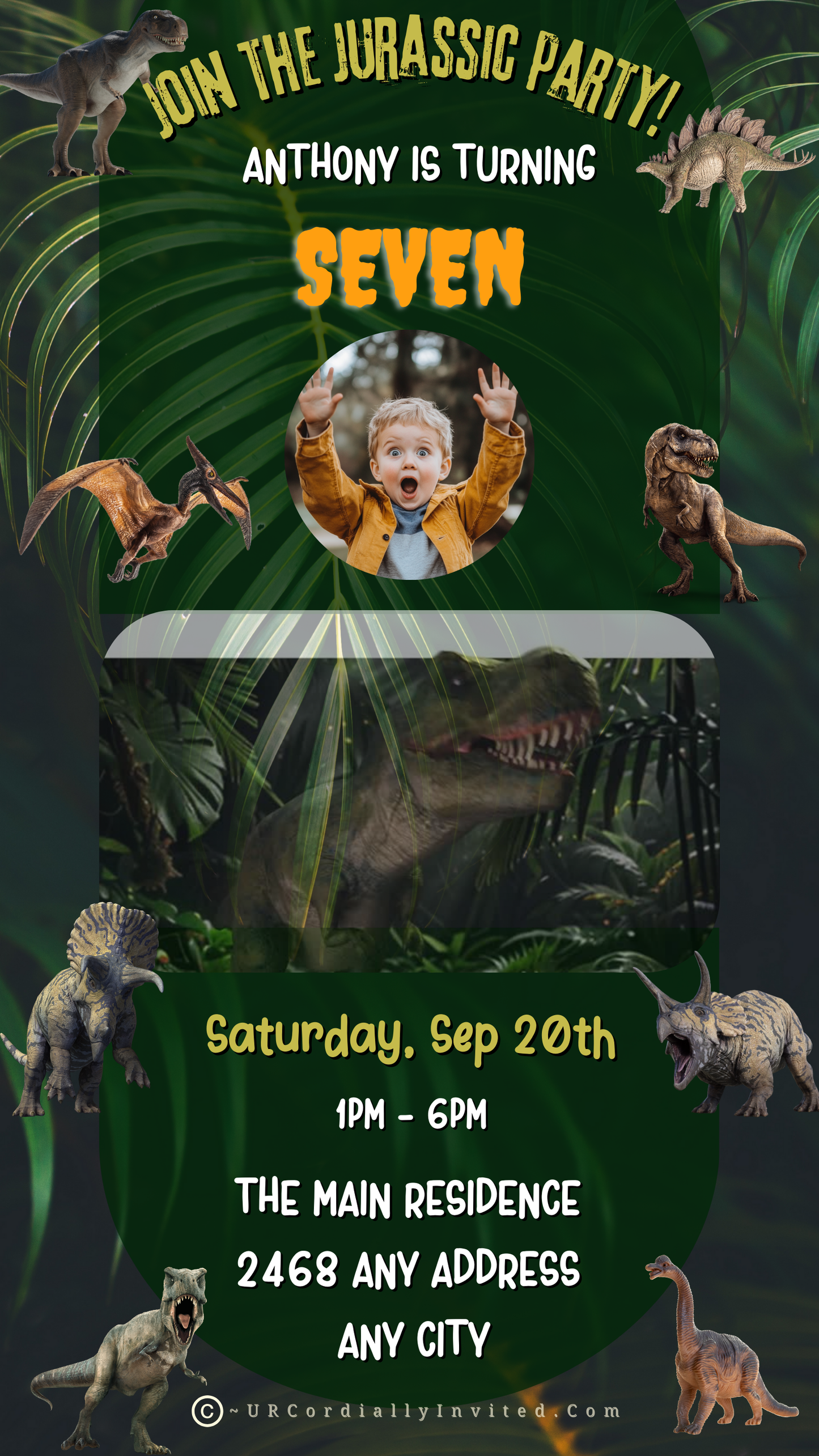 Dinosaur Birthday Video Invitation - Jurassic Theme featuring cartoon dinosaurs and a boy, perfect for customisable digital invitations via Canva. Ideal for birthday celebrations.