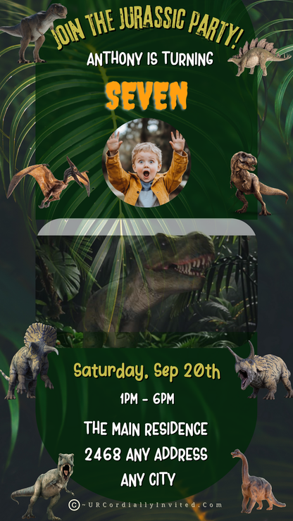 Dinosaur Birthday Video Invitation - Jurassic Theme featuring cartoon dinosaurs and a boy, perfect for customisable digital invitations via Canva. Ideal for birthday celebrations.