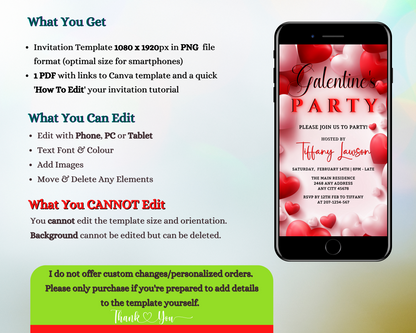 Editable Digital White Boarder Red Hearts Galentines Party Evite displayed on a smartphone screen, showcasing customizable event details for easy sharing via text, email, or messenger apps.