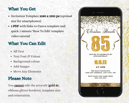 Customizable White Gold Confetti 85th Birthday Evite displayed on a smartphone screen, featuring gold text and confetti elements for digital invitations.
