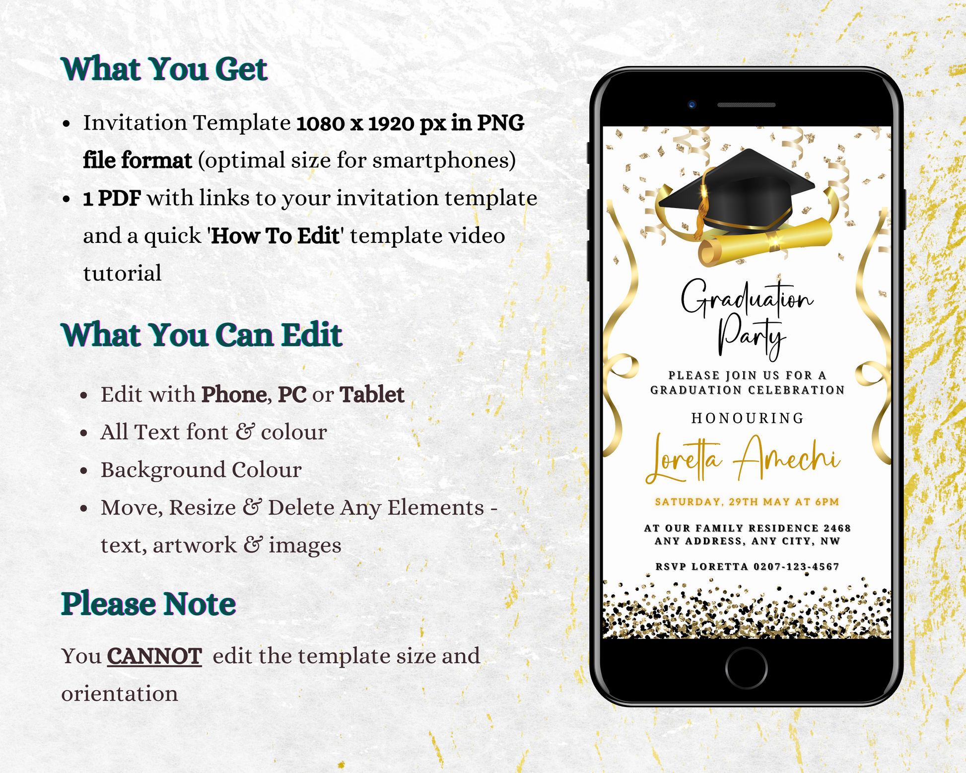 Gold & Black Digital Graduation Party Invitation template on a smartphone, featuring a graduation cap and confetti, ideal for customization and electronic sharing via Canva.