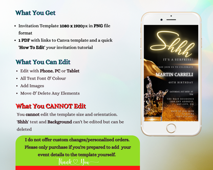 Gold Neon Surprise | Birthday Party Evite displayed on a smartphone screen, featuring editable text and event details for customization via Canva.