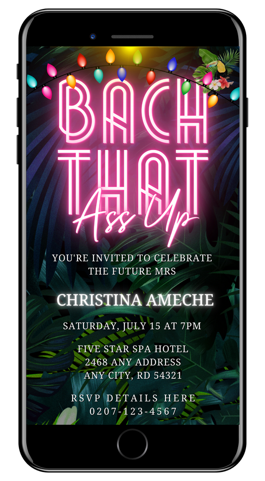 Customizable Tropical Neon Pink Bach That Ass Up Weekend Evite displayed on a smartphone screen, featuring a vibrant pink neon sign.