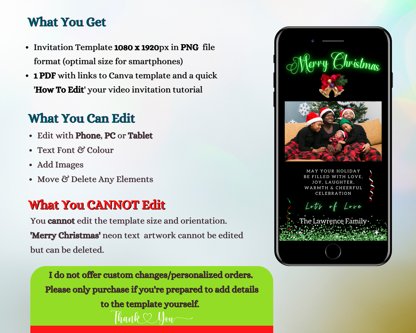 Editable Black Neon Green Merry Christmas Ecard displayed on a smartphone, showing a family photo, customizable via Canva for easy sharing through text and social media.